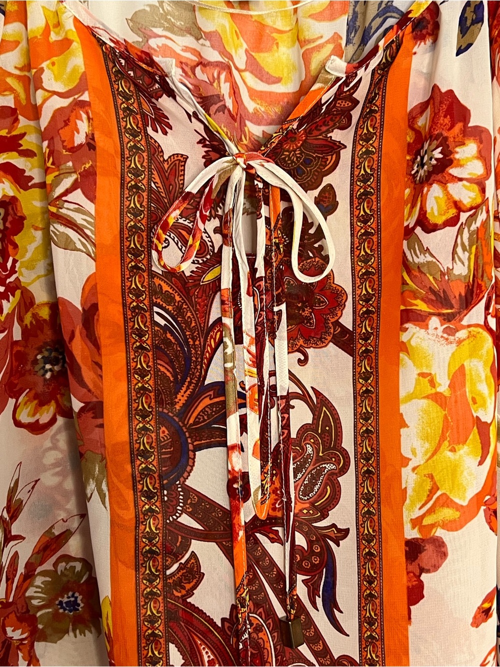 Charter Club Floral Peasant Blouse Boho Orange Beige Tie Neck Sheer Sleeve Top L - Picture 7 of 10